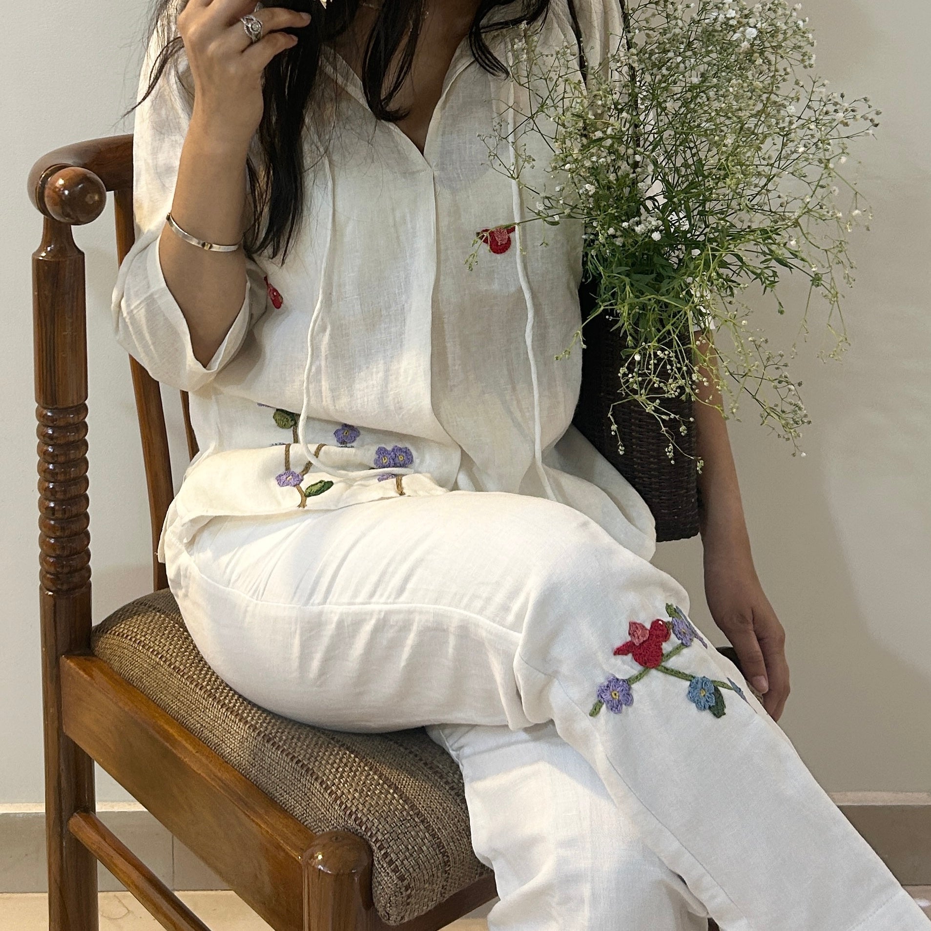 White Serene Stich Linen Top & Trouser Set by Ikriit'm with Linen at Kamakhyaa for sustainable fashion