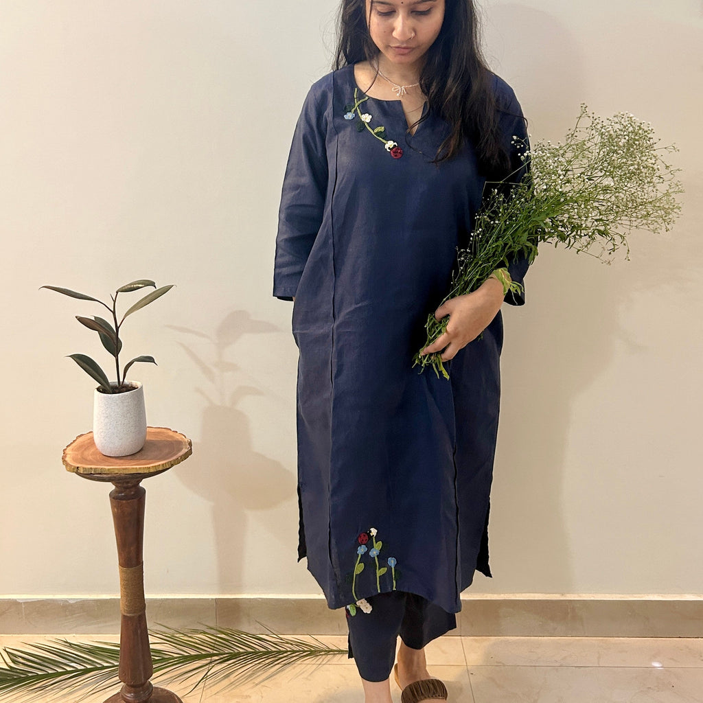 Indigo Bloom Linen Set of Dress & Trouser by Ikriit'm with Linen at Kamakhyaa for sustainable fashion
