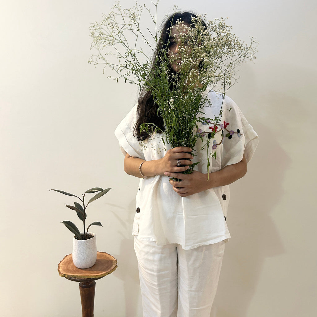 Freesize White Serene Stich Linen Shirt by Ikriit'm with Linen at Kamakhyaa for sustainable fashion