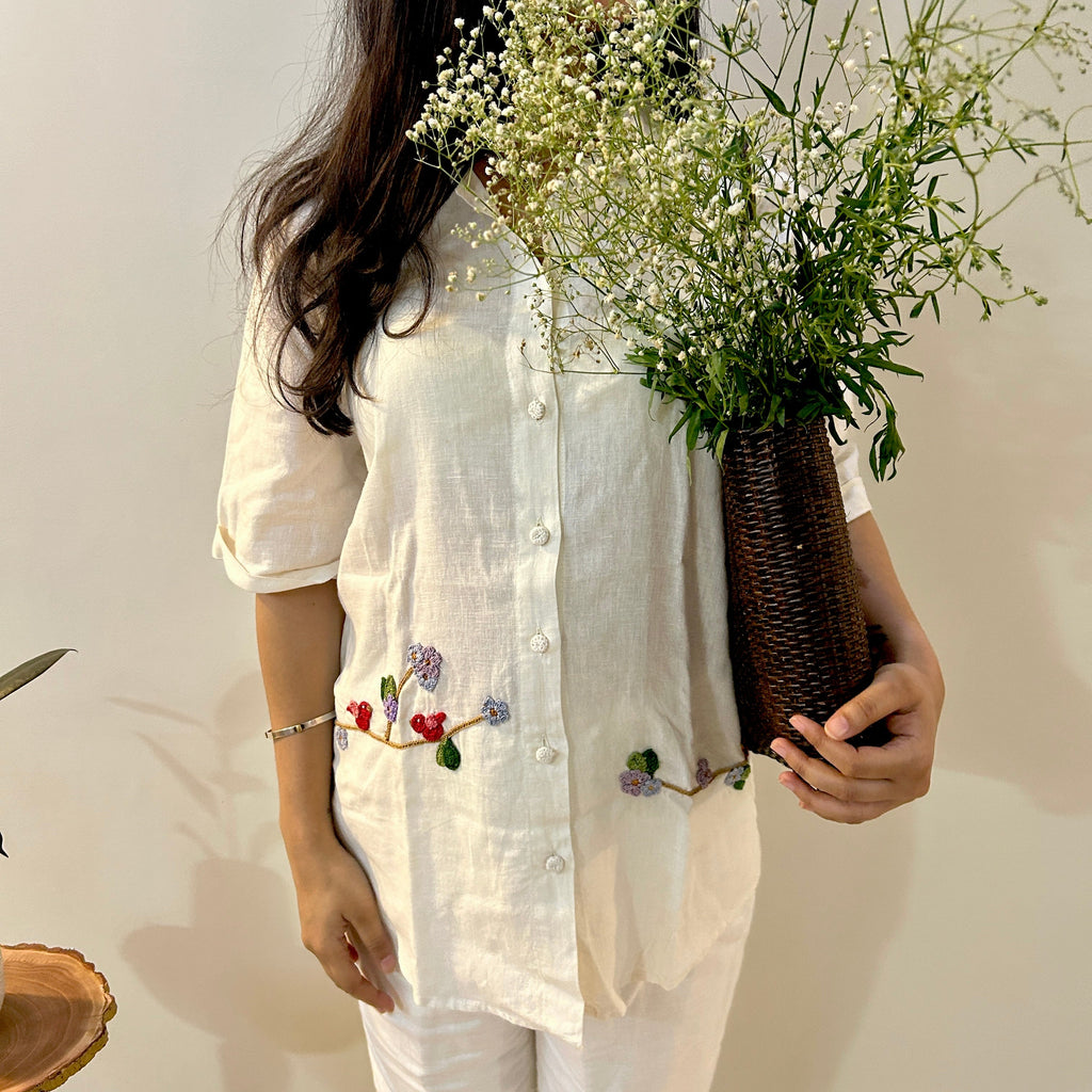 White Serene Stich Linen Shirt & Trouser Set by Ikriit'm with Linen at Kamakhyaa for sustainable fashion