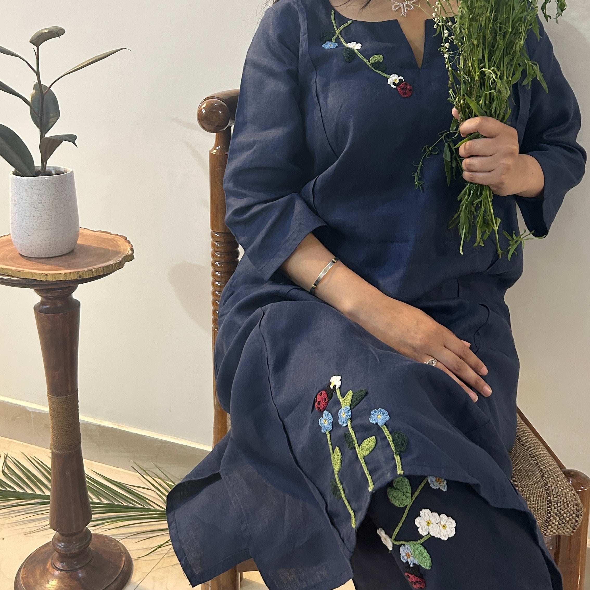 Indigo Bloom Linen Set of Dress & Trouser by Ikriit'm with Linen at Kamakhyaa for sustainable fashion
