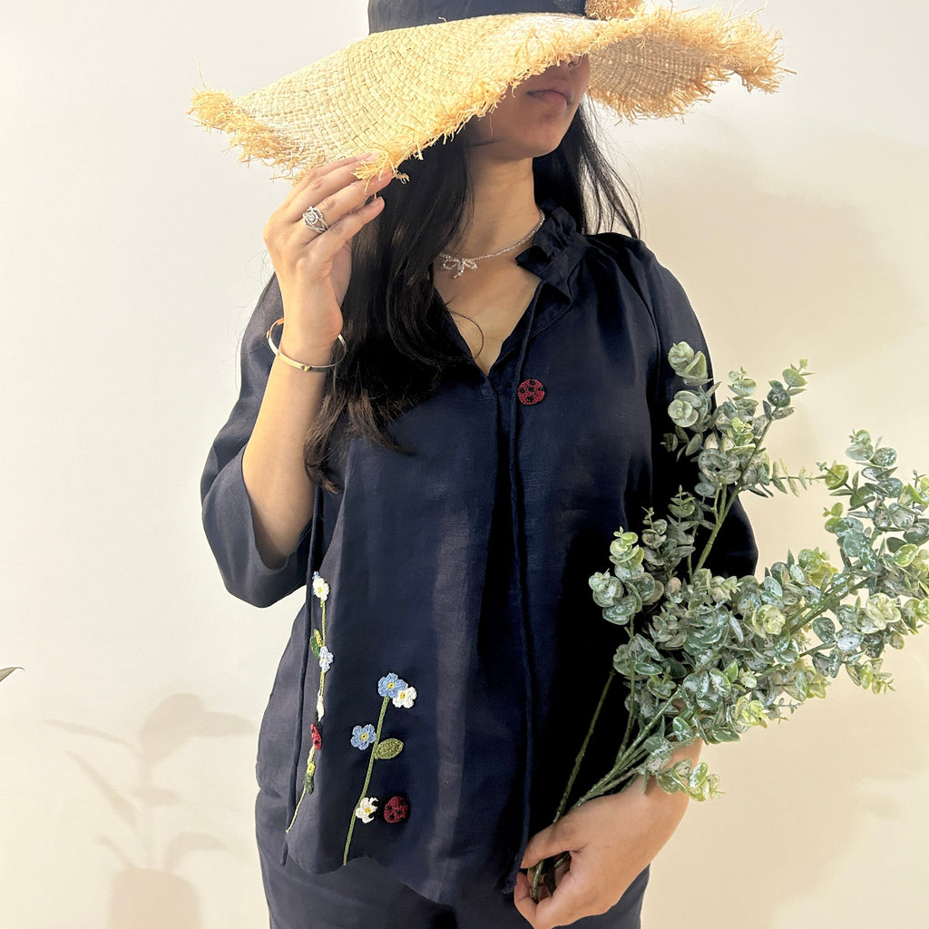 Indigo Serene Stich Linen Top & Trouser Set by Ikriit'm with Linen at Kamakhyaa for sustainable fashion