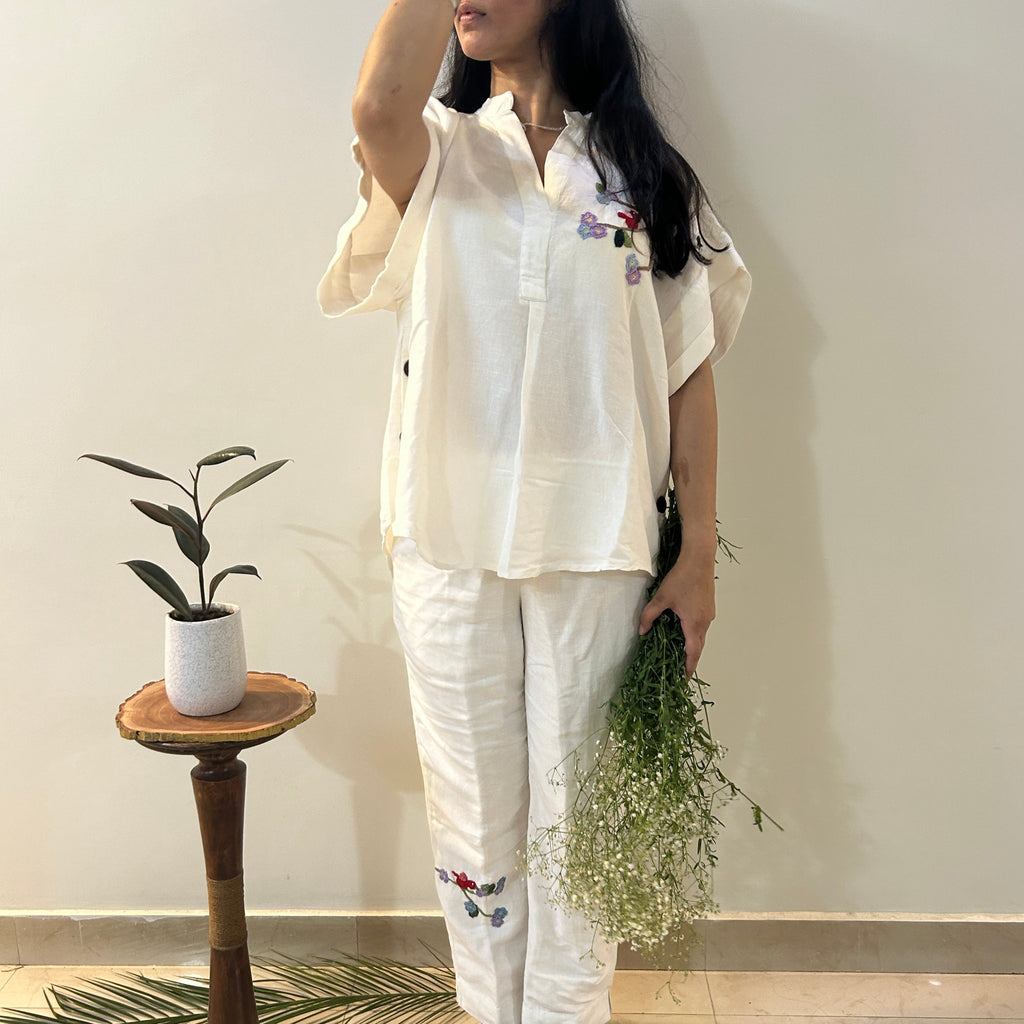 Freesize White Serene Stich Linen Set by Ikriit'm with Linen at Kamakhyaa for sustainable fashion