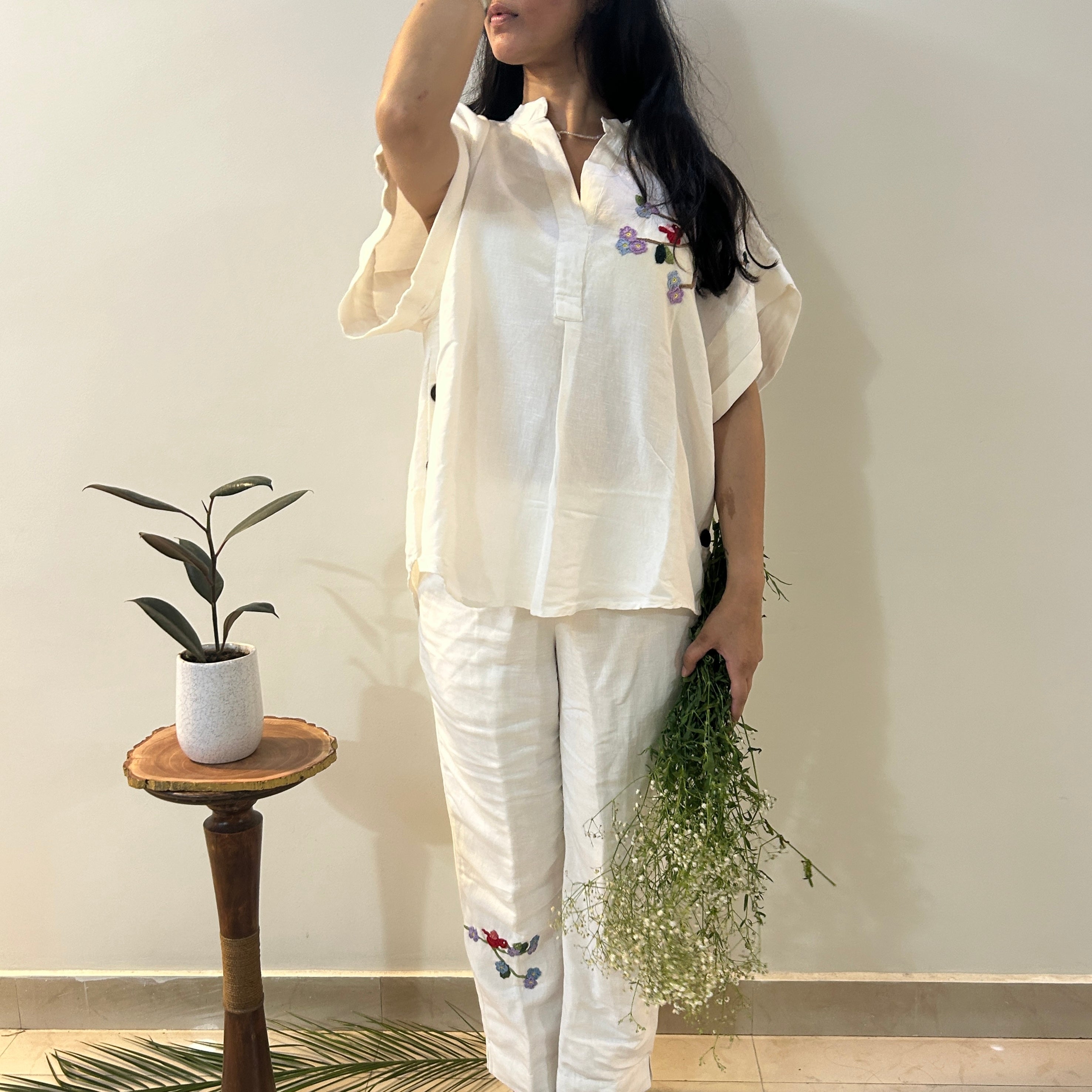 Freesize White Serene Stich Linen Set by Ikriit'm with Linen at Kamakhyaa for sustainable fashion