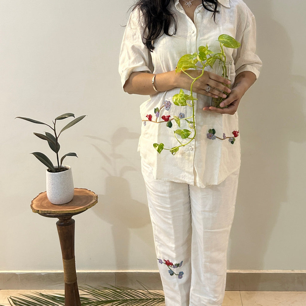 White Serene Stich Linen Shirt & Trouser Set by Ikriit'm with Linen at Kamakhyaa for sustainable fashion