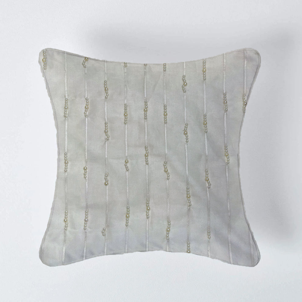 Gleam by Aetherea with 100% Cotton, Cotton, Cushion covers, Grey, Hand Embroidery, Pearl, Sheer, Striped, Upcycled at Kamakhyaa for sustainable fashion