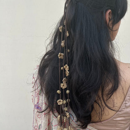 Golden Crochet Hair Parandi by Ikriit'm with Cotton yarn, Crochet, Free Size, Golden, Ikriit'm, Made from Natural Materials, Parandi, Stainless Steel, Women Led Designer at Kamakhyaa for sustainable fashion