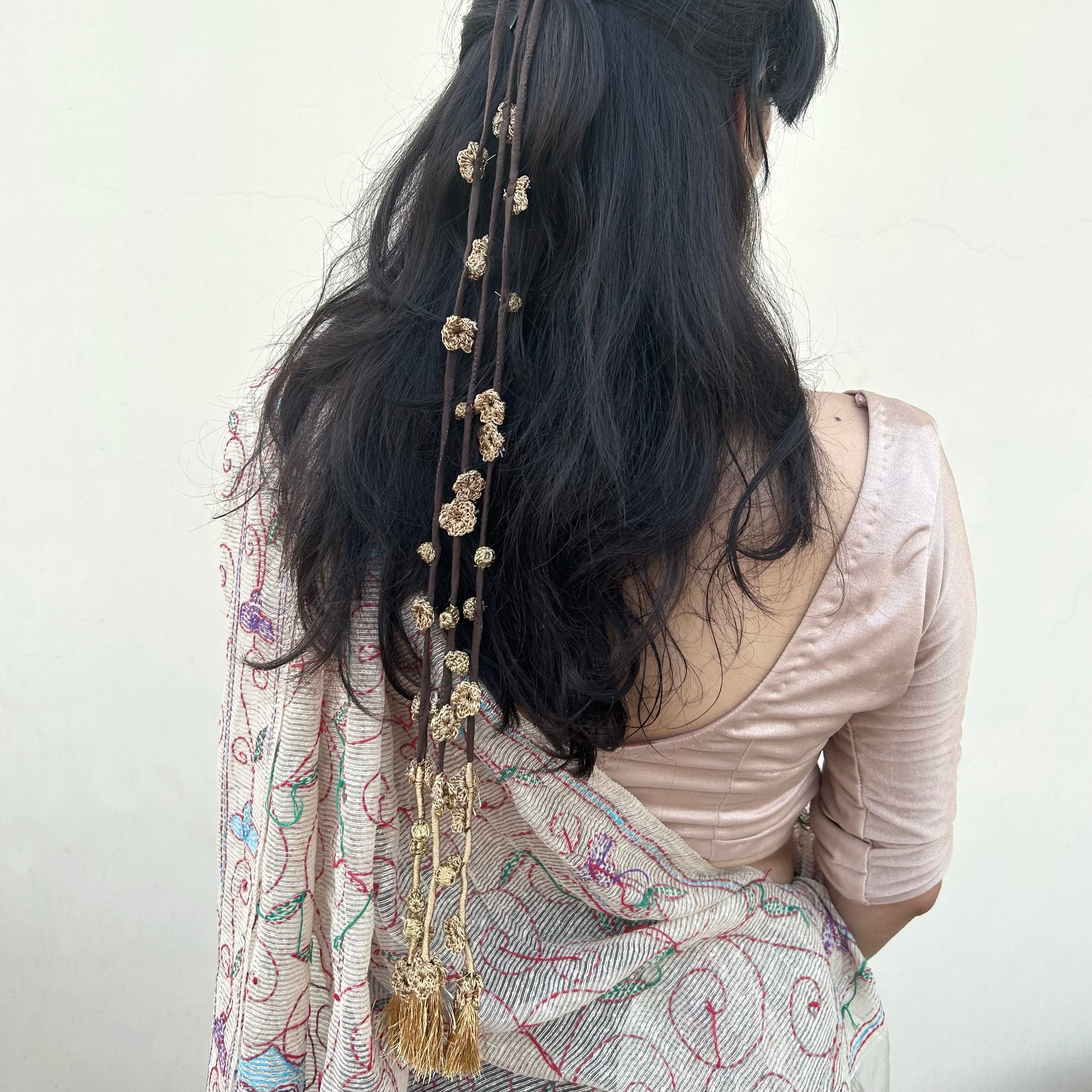 Golden Crochet Hair Parandi by Ikriit'm with Cotton yarn, Crochet, Free Size, Golden, Ikriit'm, Made from Natural Materials, Parandi, Stainless Steel, Women Led Designer at Kamakhyaa for sustainable fashion