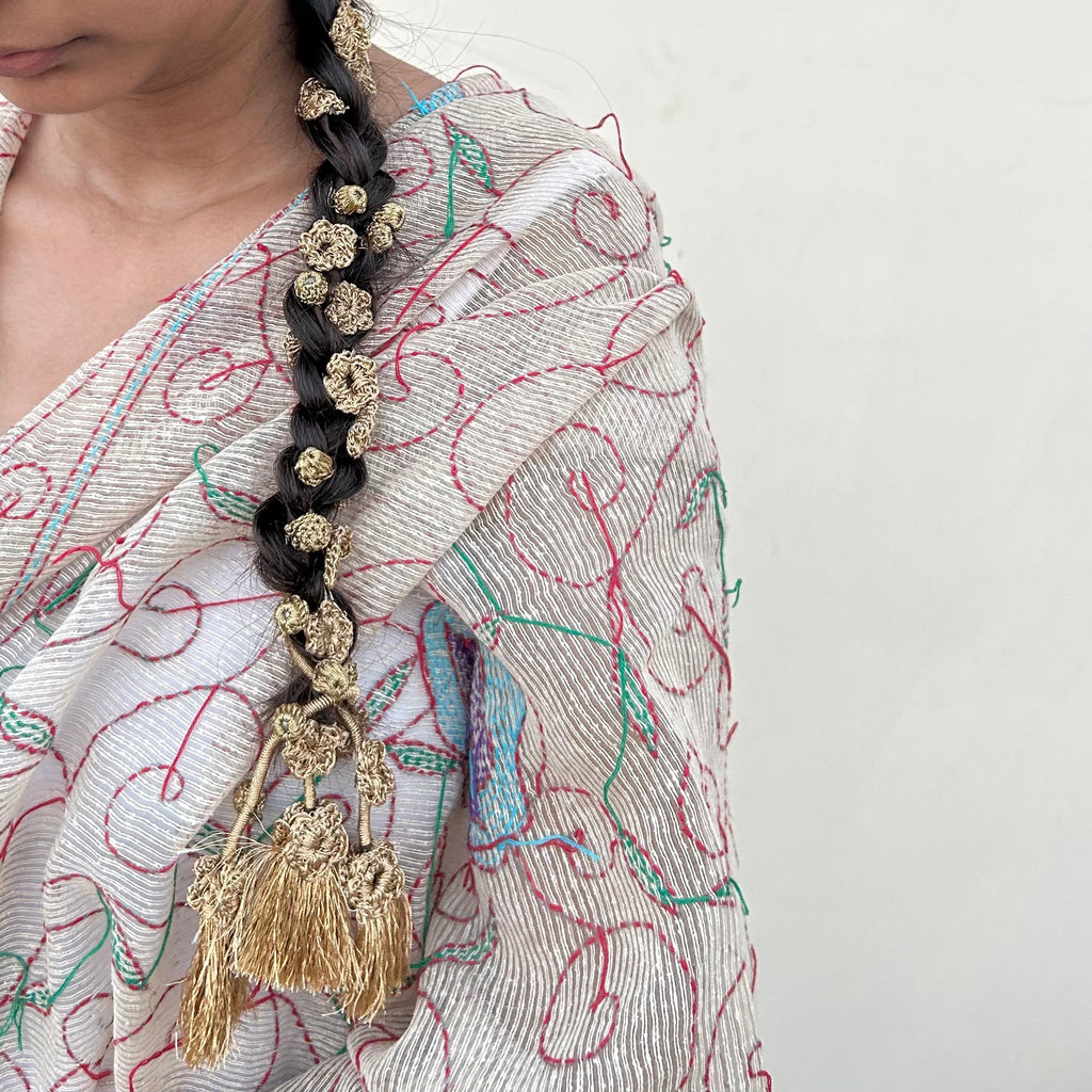 Golden Crochet Hair Parandi by Ikriit'm with Cotton yarn, Crochet, Free Size, Golden, Ikriit'm, Made from Natural Materials, Parandi, Stainless Steel, Women Led Designer at Kamakhyaa for sustainable fashion