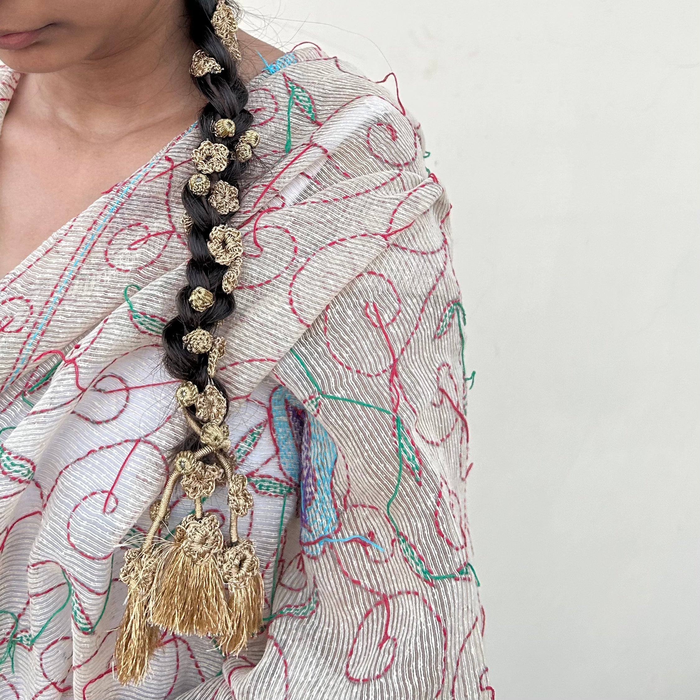 Golden Crochet Hair Parandi by Ikriit'm with Cotton yarn, Crochet, Free Size, Golden, Ikriit'm, Made from Natural Materials, Parandi, Stainless Steel, Women Led Designer at Kamakhyaa for sustainable fashion