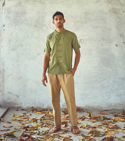 Green Cotton Mens Shirt by Khara Kapas with Casual Wear, Cotton, For Anniversary, For Him, Green, Natural, New, Regular Fit, Shirts, Solid Selfmade, Solids, Tops at Kamakhyaa for sustainable fashion