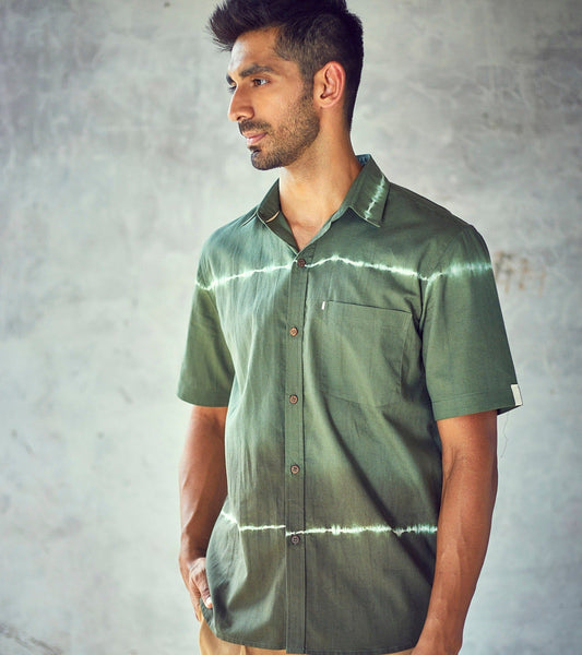 Green Cotton Ombre & Dye Mens Shirt by Khara Kapas with Casual Wear, Cotton, For Anniversary, For Father, For Him, Green, Natural, New, Ombre & Dyes, Printed Selfsame, Regular Fit, Shirts, Tops at Kamakhyaa for sustainable fashion