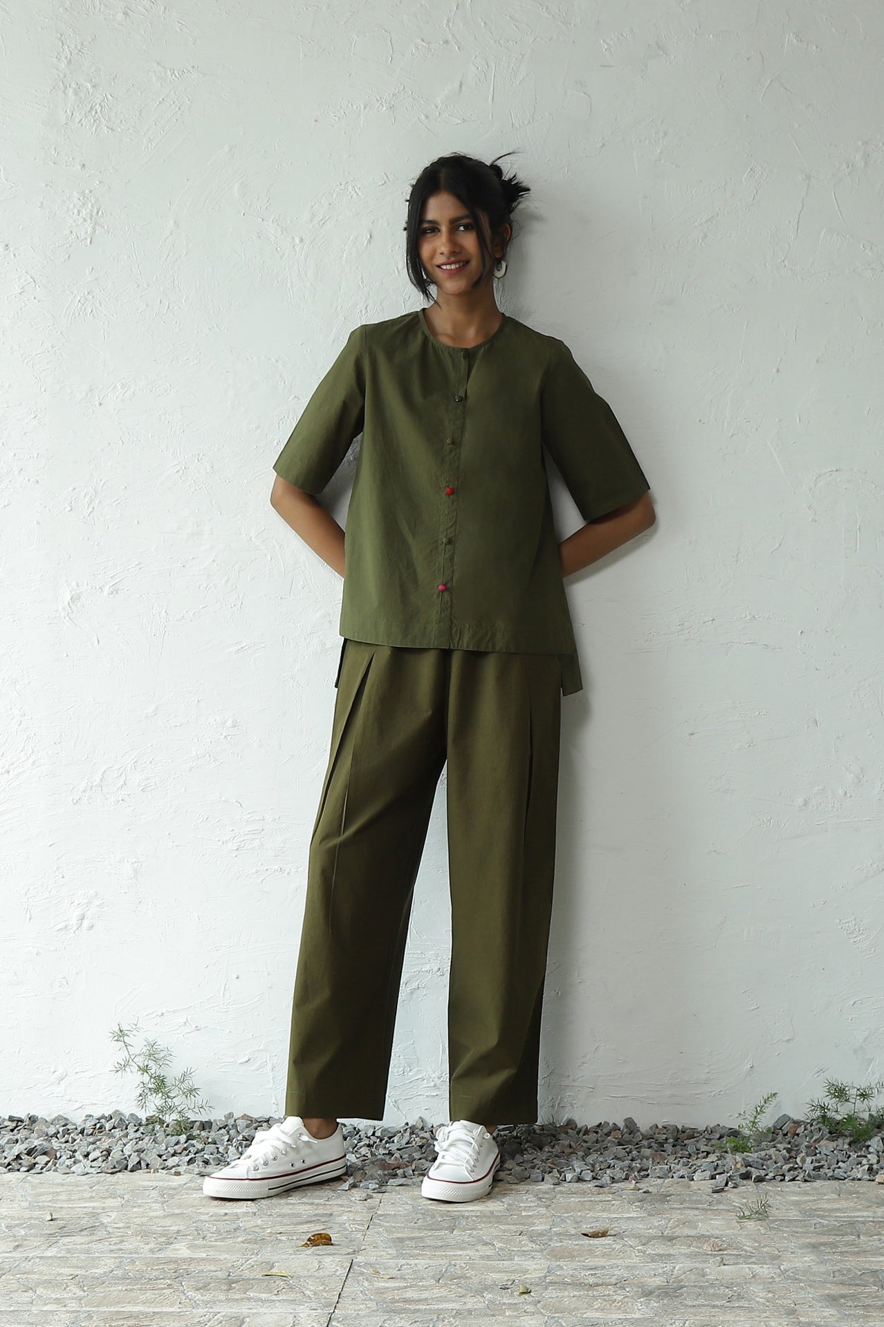 Green Cotton Top With Rayon Pant Set by Canoopi with Canoopi, Casual Wear, Complete Sets, Green, Natural, Poplin, Regular Fit, Solids, Vacation Co-ords, Womenswear at Kamakhyaa for sustainable fashion