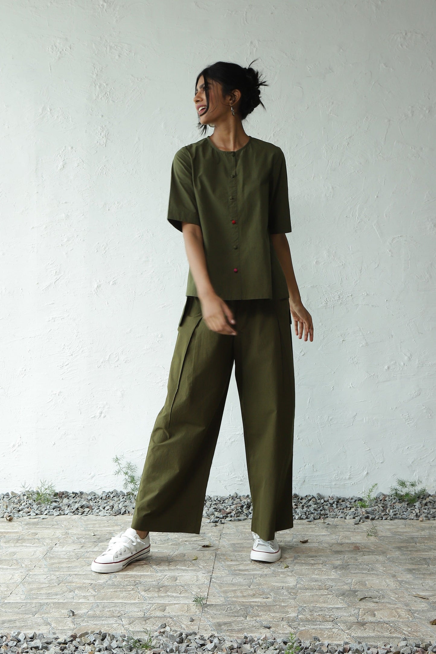 Green Cotton Top With Rayon Pant Set by Canoopi with Canoopi, Casual Wear, Complete Sets, Green, Natural, Poplin, Regular Fit, Solids, Vacation Co-ords, Womenswear at Kamakhyaa for sustainable fashion