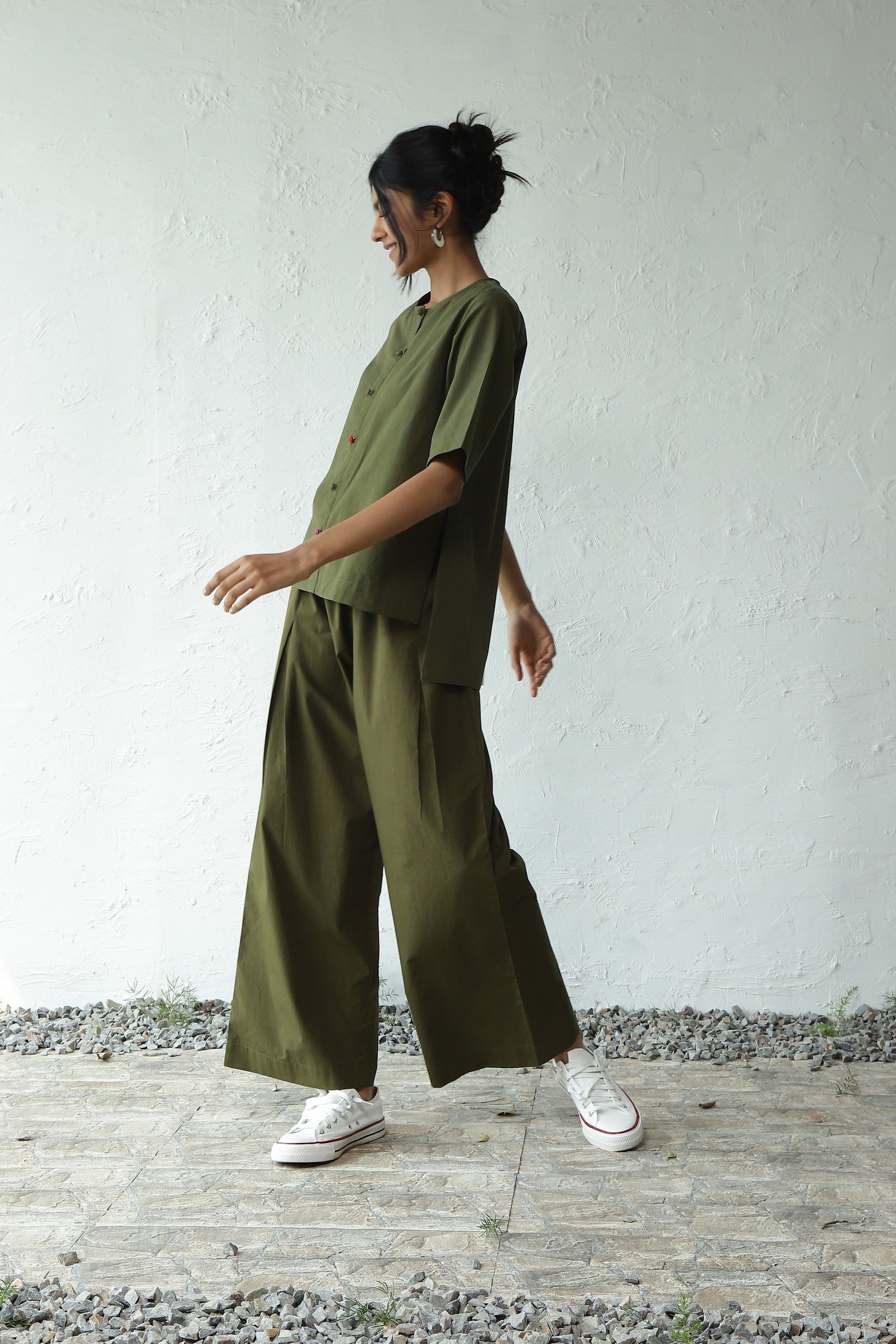 Green Cotton Top With Rayon Pant Set by Canoopi with Canoopi, Casual Wear, Complete Sets, Green, Natural, Poplin, Regular Fit, Solids, Vacation Co-ords, Womenswear at Kamakhyaa for sustainable fashion