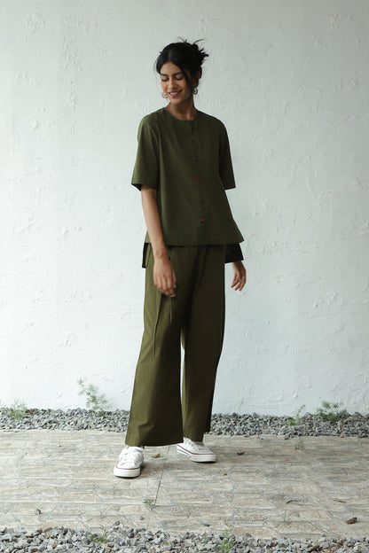 Green Cotton Top With Rayon Pant Set by Canoopi with Canoopi, Casual Wear, Complete Sets, Green, Natural, Poplin, Regular Fit, Solids, Vacation Co-ords, Womenswear at Kamakhyaa for sustainable fashion