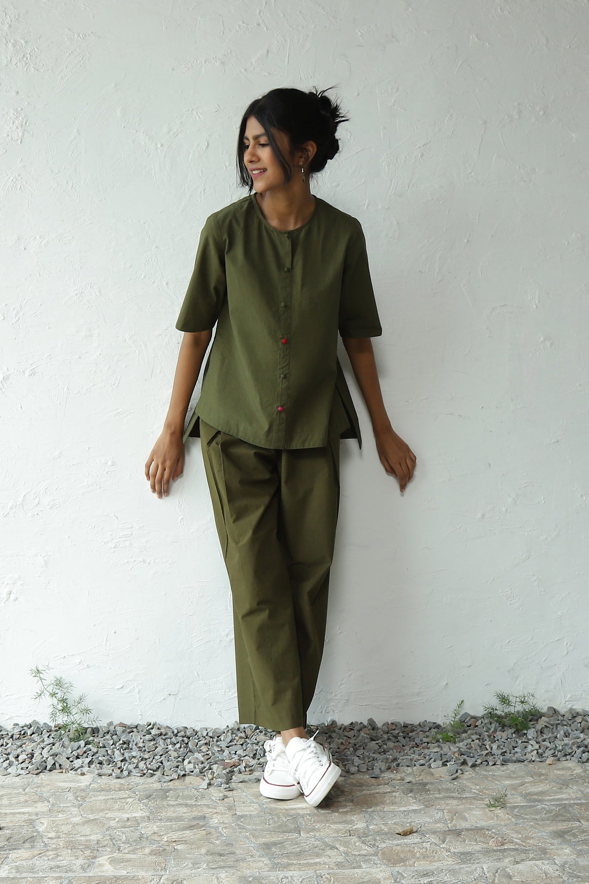 Green Cotton Top With Rayon Pant Set by Canoopi with Canoopi, Casual Wear, Complete Sets, Green, Natural, Poplin, Regular Fit, Solids, Vacation Co-ords, Womenswear at Kamakhyaa for sustainable fashion