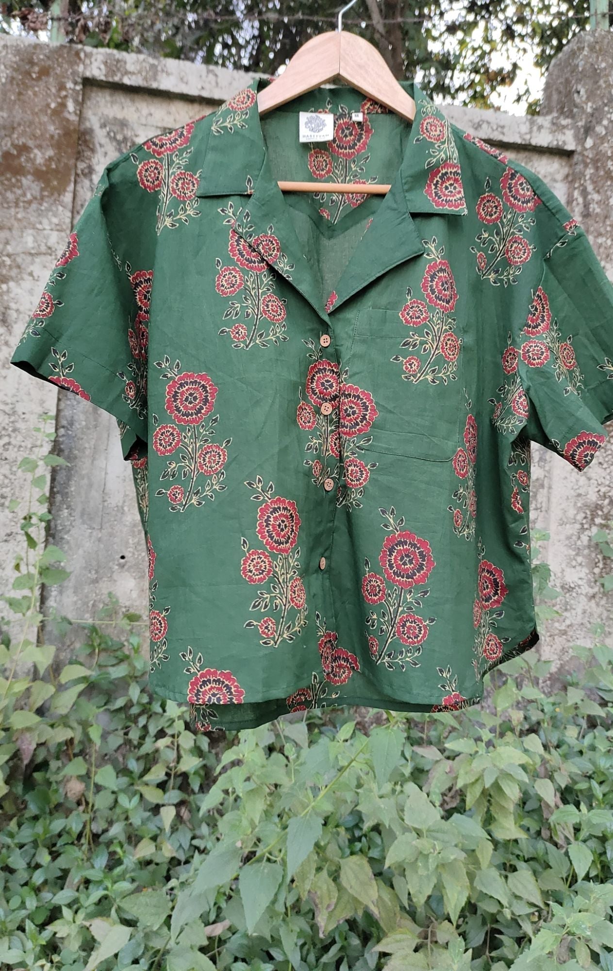 Green Crop Shirt for Men by Hasttvam with Casual Wear, Cotton, Floral, Green, Handmade by Artisans, Natural Dye, Rang by Hasttvam, Relaxed Fit, Responsible production and Vegan, Shirt at Kamakhyaa for sustainable fashion