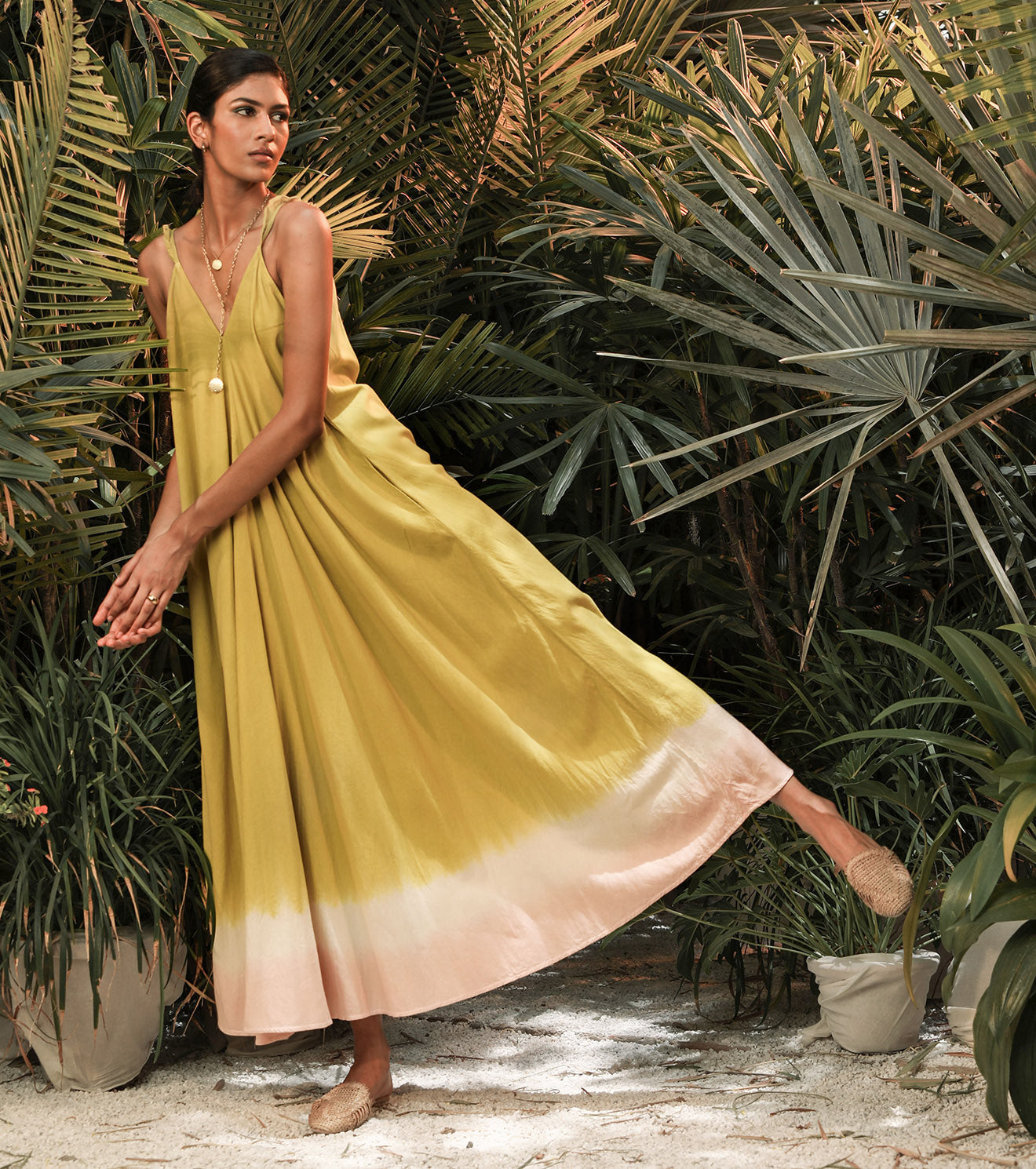 Green Dyed Maxi Dress by Khara Kapas with Another Day In Paradise by Khara Kapas, Green, Lost In Paradise by Khara Kapas, Maxi Dresses, Mul Cotton, Natural, Regular Fit, Resort Wear, Selfsame, Sleeveless Dresses, Solids, Strap Dresses, Womenswear at Kamakhyaa for sustainable fashion