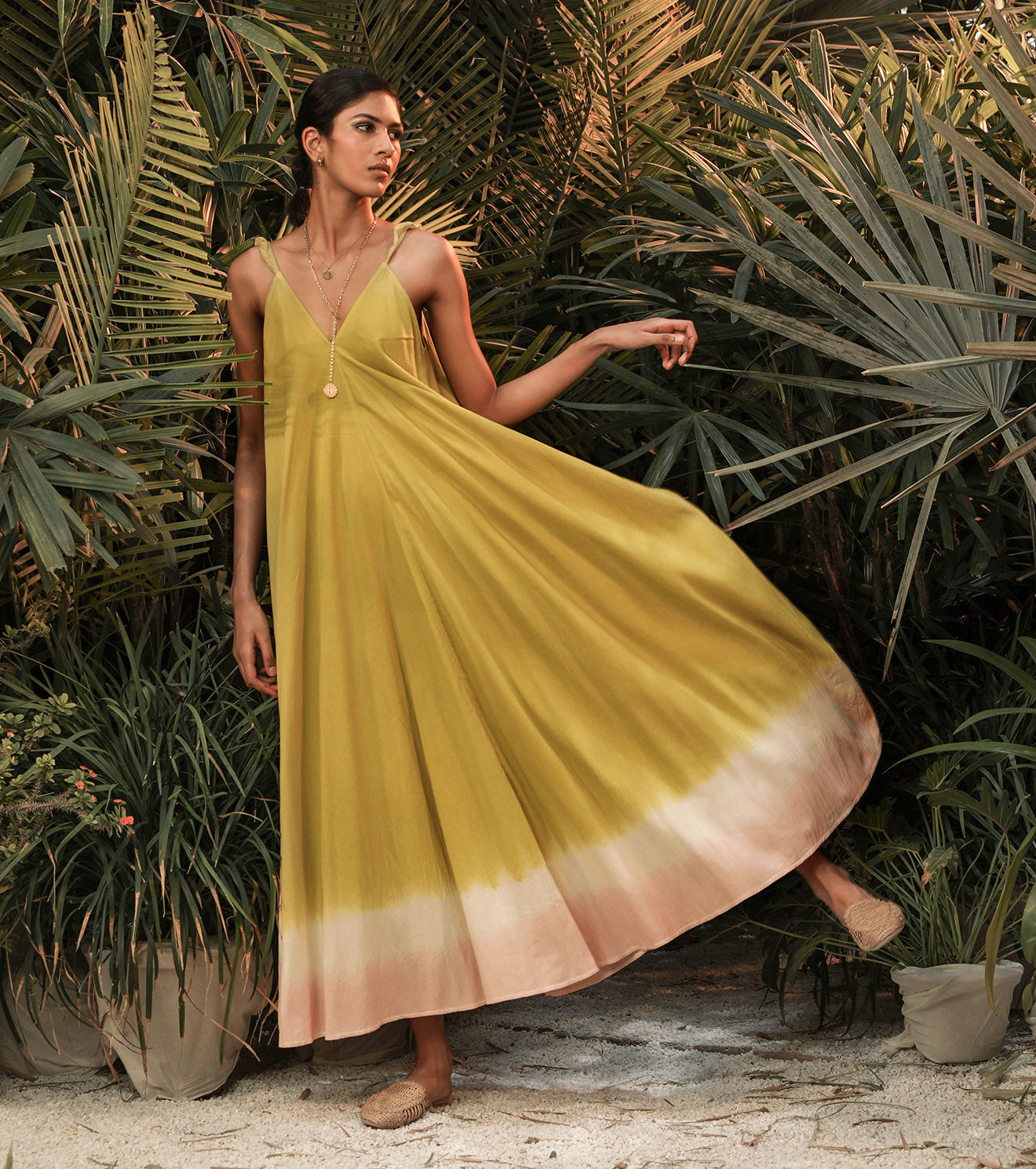Green Dyed Maxi Dress by Khara Kapas with Another Day In Paradise by Khara Kapas, Green, Lost In Paradise by Khara Kapas, Maxi Dresses, Mul Cotton, Natural, Regular Fit, Resort Wear, Selfsame, Sleeveless Dresses, Solids, Strap Dresses, Womenswear at Kamakhyaa for sustainable fashion