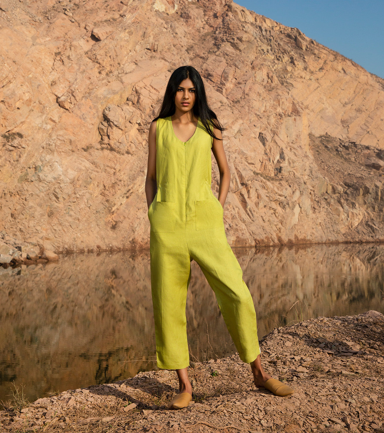 Green Jumpsuit With Pockets by Khara Kapas with 32 Days Of Summer by Khara Kapas, Earth Party, Green, Jumpsuits, Linen, Natural, Regular Fit, Resort Wear, Solids, Womenswear at Kamakhyaa for sustainable fashion