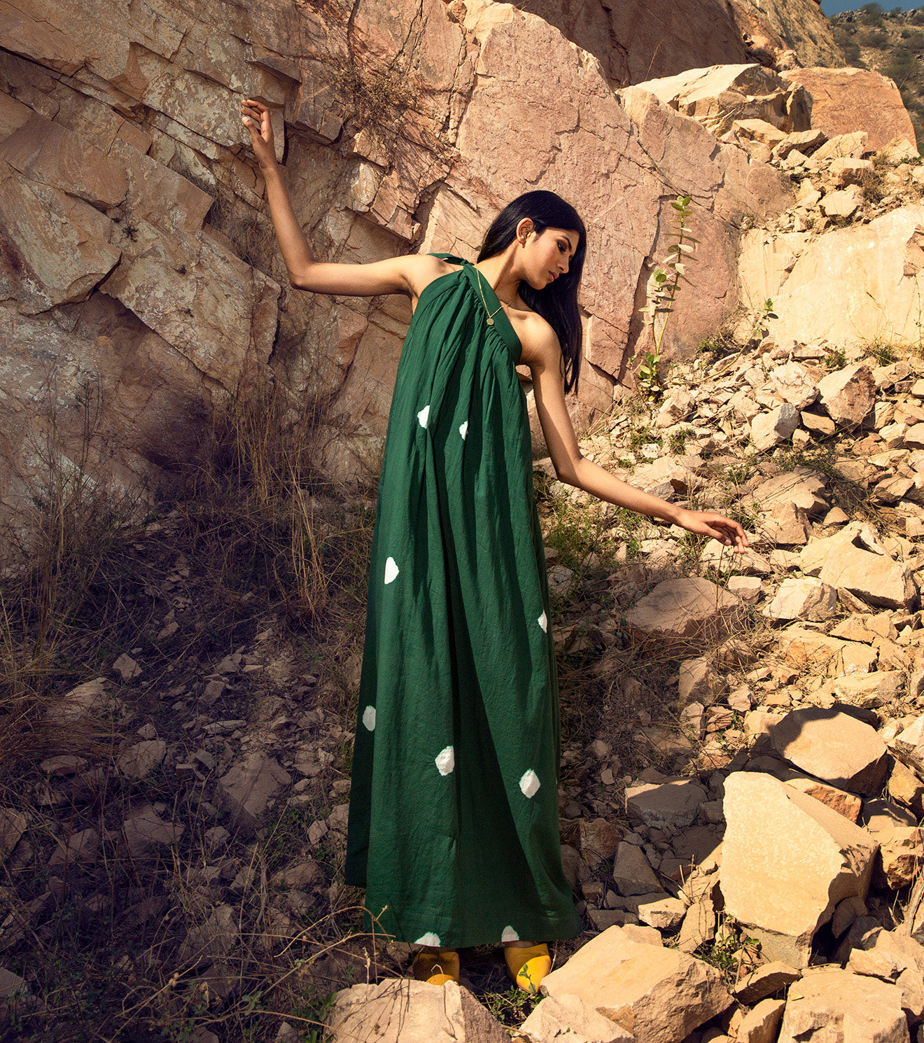 Green Maxi Dress by Khara Kapas with 32 Days Of Summer by Khara Kapas, FB ADS JUNE, Green, Maxi Dresses, Mulmul, Natural, One Shoulder Dresses, Printed Selfsame, Regular Fit, Resort Wear, Solids, Womenswear at Kamakhyaa for sustainable fashion