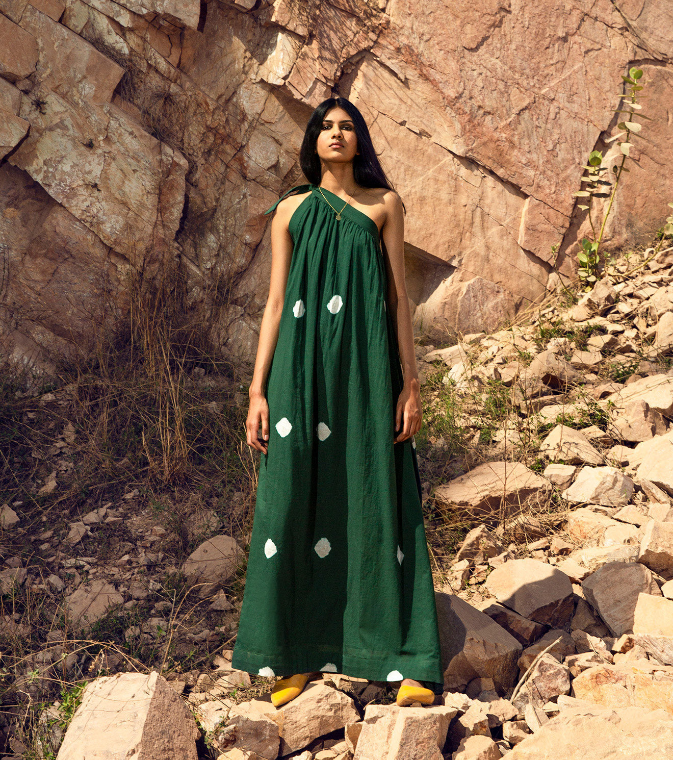 Green Maxi Dress by Khara Kapas with 32 Days Of Summer by Khara Kapas, FB ADS JUNE, Green, Maxi Dresses, Mulmul, Natural, One Shoulder Dresses, Printed Selfsame, Regular Fit, Resort Wear, Solids, Womenswear at Kamakhyaa for sustainable fashion