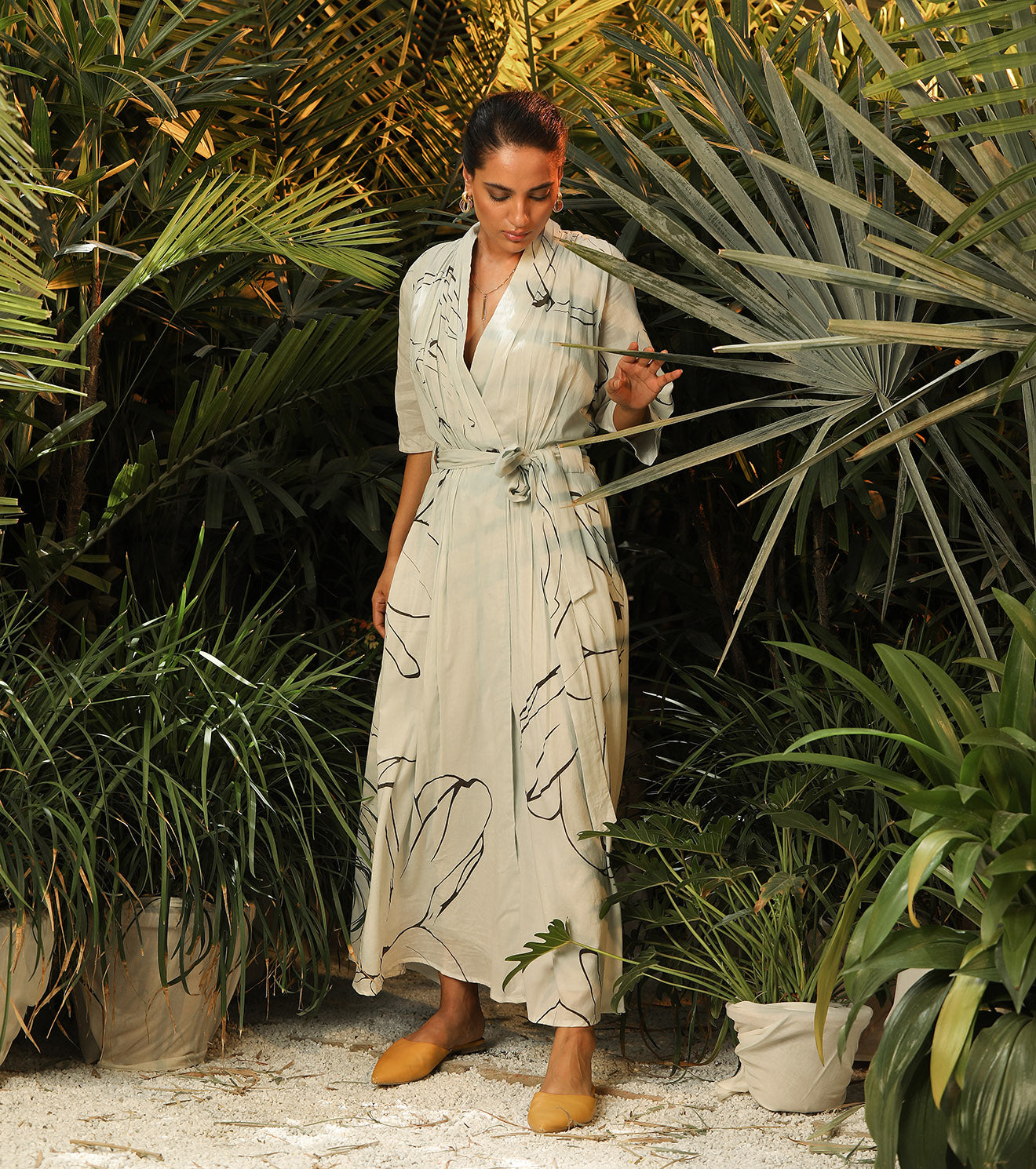 Green Maxi Dress-Print by Khara Kapas with Another Day In Paradise by Khara Kapas, For Daughter, Green, Lost In Paradise by Khara Kapas, Maxi Dresses, Mul Cotton, Natural, Printed Selfsame, Prints, Regular Fit, Resort Wear, Womenswear, Wrap Dresses at Kamakhyaa for sustainable fashion