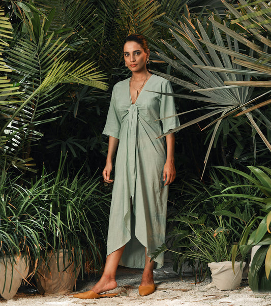 Green Midi Dress by Khara Kapas with Another Day In Paradise by Khara Kapas, Cotton Khadi, Green, Lost In Paradise by Khara Kapas, Midi Dresses, Natural, Regular Fit, Resort Wear, Solids, Womenswear, Wrap Dresses at Kamakhyaa for sustainable fashion