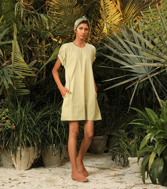 Green Mini Dress by Khara Kapas with Another Day In Paradise by Khara Kapas, Green, Lost In Paradise by Khara Kapas, Mini Dresses, Natural, Poplin, Regular Fit, Resort Wear, Solids, Womenswear at Kamakhyaa for sustainable fashion