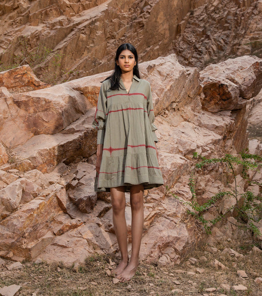 Green Shibori dyed Mini Dress by Khara Kapas with 32 Days Of Summer by Khara Kapas, Cotton, Earth Party, For Her, Green, Mini Dresses, Mulmul, Natural, Ombre & Dyes, Printed Selfsame, Relaxed Fit, Resort Wear, Tiered Dresses, Womenswear at Kamakhyaa for sustainable fashion