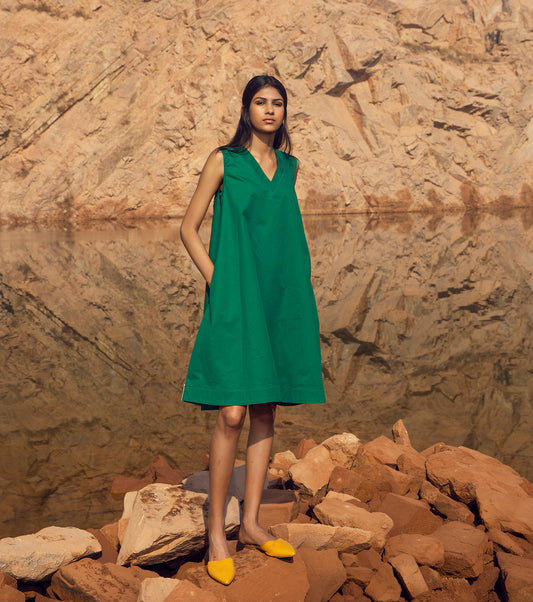 Green Sleeveless Mini Dress by Khara Kapas with 32 Days Of Summer by Khara Kapas, Earth Party, Green, Mini Dresses, Natural, Poplin, Relaxed Fit, Resort Wear, Sleeveless Dresses, Solid Selfmade, Solids at Kamakhyaa for sustainable fashion