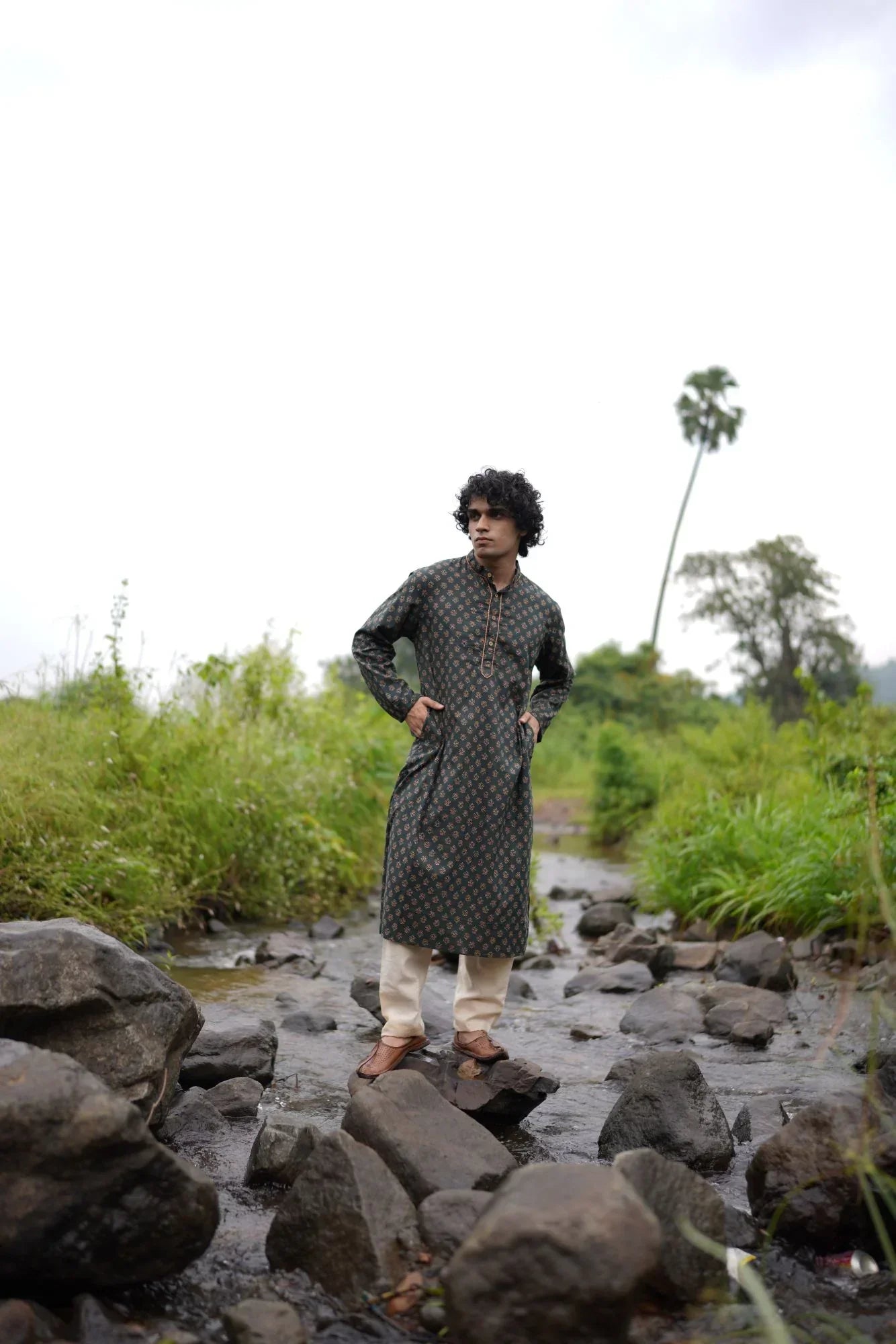 Green Small Butta Kurta for Men by Hasttvam with Cotton, Festive Wear, Floral, Green, Handmade by Artisans, Natural Dye, Rakhi Special, Rang by Hasttvam, Relaxed Fit, Responsible production and Vegan at Kamakhyaa for sustainable fashion