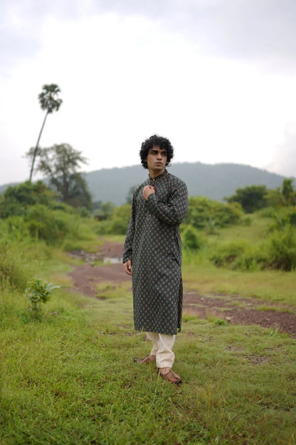 Green Small Butta Kurta for Men by Hasttvam with Cotton, Festive Wear, Floral, Green, Handmade by Artisans, Natural Dye, Rakhi Special, Rang by Hasttvam, Relaxed Fit, Responsible production and Vegan at Kamakhyaa for sustainable fashion