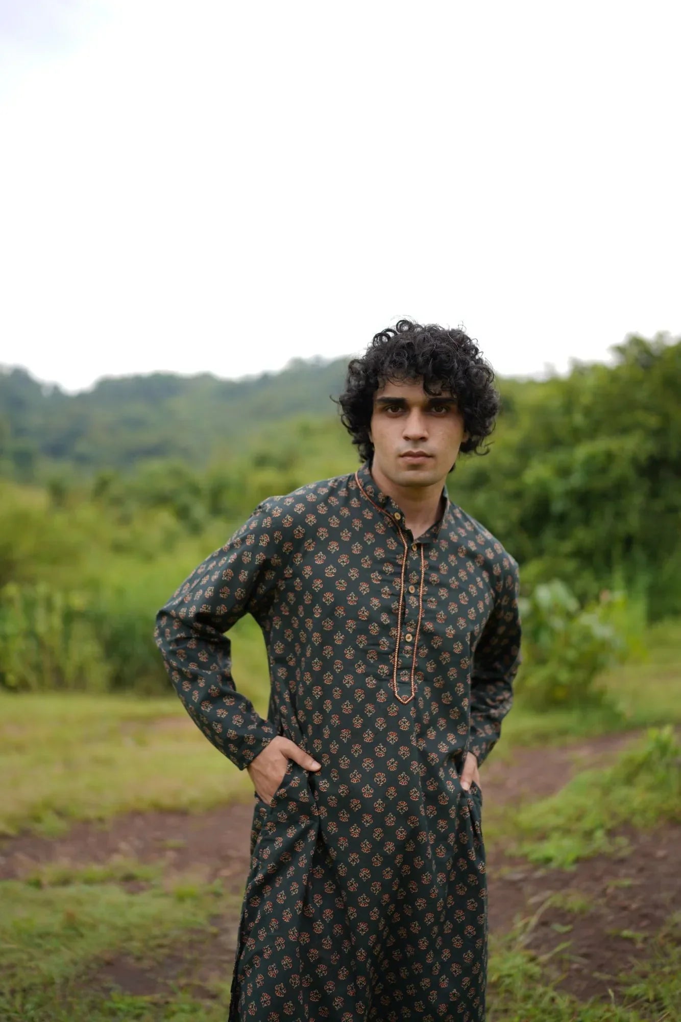 Green Small Butta Kurta for Men by Hasttvam with Cotton, Festive Wear, Floral, Green, Handmade by Artisans, Natural Dye, Rakhi Special, Rang by Hasttvam, Relaxed Fit, Responsible production and Vegan at Kamakhyaa for sustainable fashion