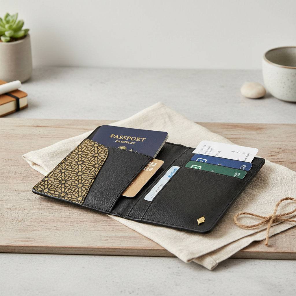 Sustainable Vegan Leather Passport Holder - Black by Green Hermitage with Accents & Accessories, Corporate Products & Travel Accessories by Green Hermitage at Kamakhyaa for sustainable fashion