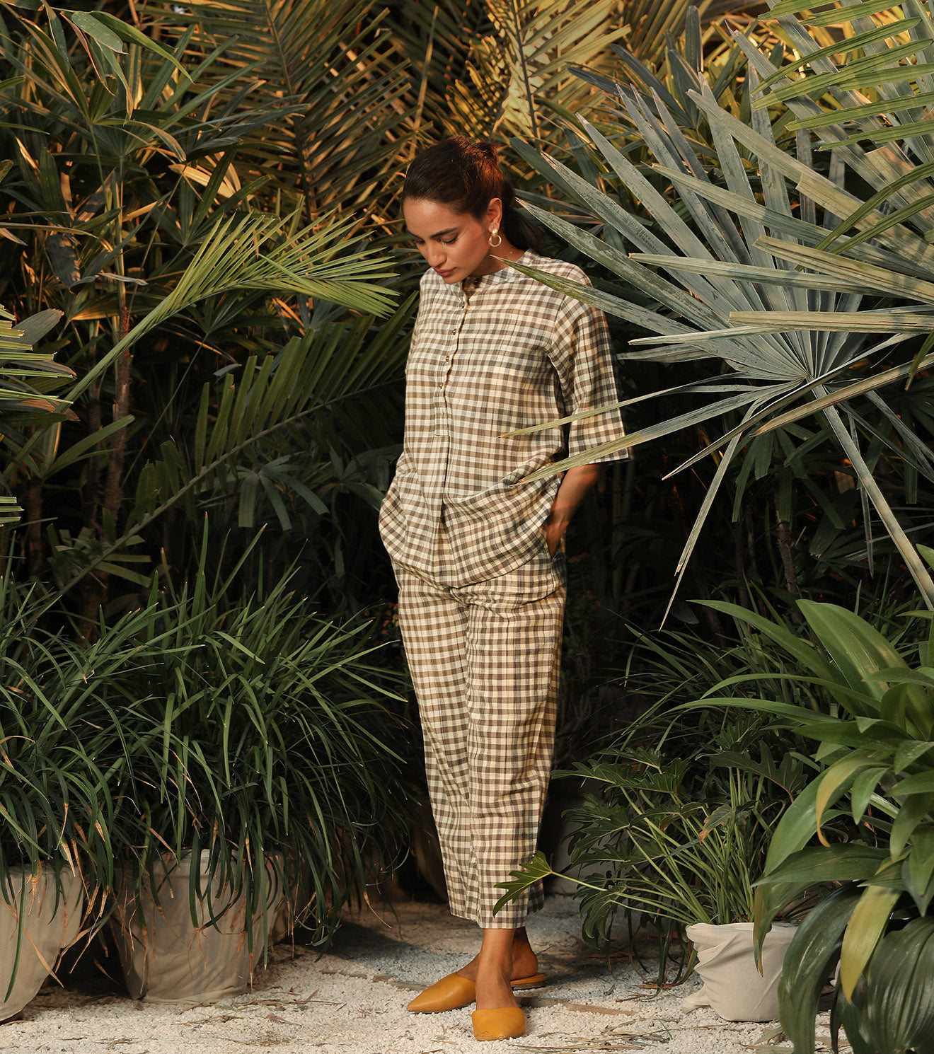Grey And White Two Piece Set by Khara Kapas with Another Day In Paradise by Khara Kapas, Checks, Co-ord Sets, Cotton Khadi, Grey, Lounge Wear Co-ords, Natural, Relaxed Fit, Resort Wear, Solids, Travel Co-ords, Womenswear at Kamakhyaa for sustainable fashion