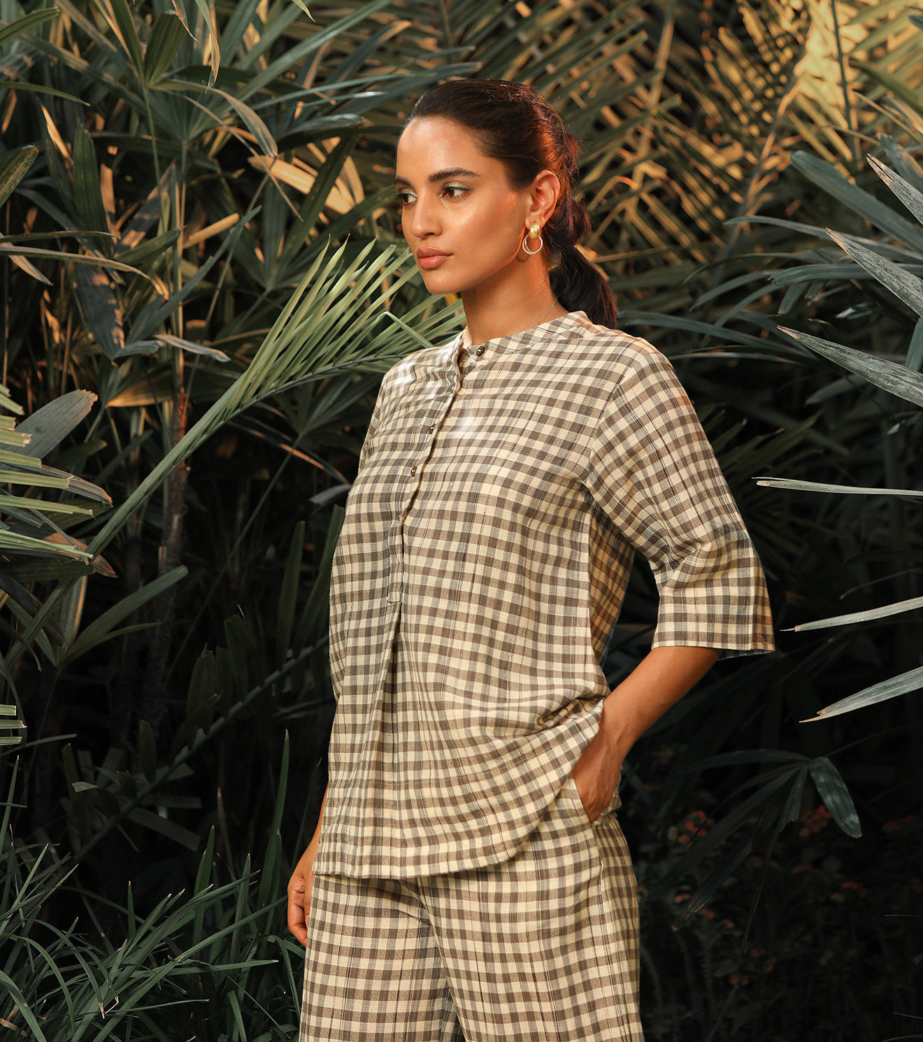 Grey And White Two Piece Set by Khara Kapas with Another Day In Paradise by Khara Kapas, Checks, Co-ord Sets, Cotton Khadi, Grey, Lounge Wear Co-ords, Natural, Relaxed Fit, Resort Wear, Solids, Travel Co-ords, Womenswear at Kamakhyaa for sustainable fashion