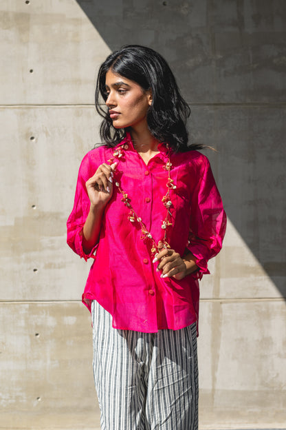 Fuschia Pink Handwoven Chanderi Shirt by Araayeh with Artisan Made, Handwoven Chanderi, Office wear, Pink, Regular Fit, Shirts, Solids at Kamakhyaa for sustainable fashion