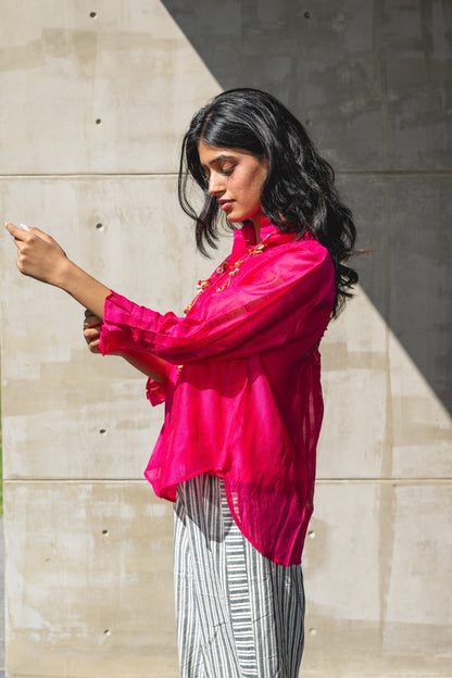 Fuschia Pink Handwoven Chanderi Shirt by Araayeh with Artisan Made, Handwoven Chanderi, Office wear, Pink, Regular Fit, Shirts, Solids at Kamakhyaa for sustainable fashion