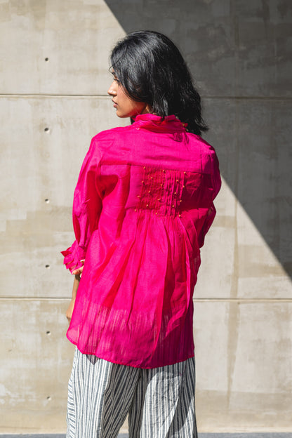 Fuschia Pink Handwoven Chanderi Shirt by Araayeh with Artisan Made, Handwoven Chanderi, Office wear, Pink, Regular Fit, Shirts, Solids at Kamakhyaa for sustainable fashion