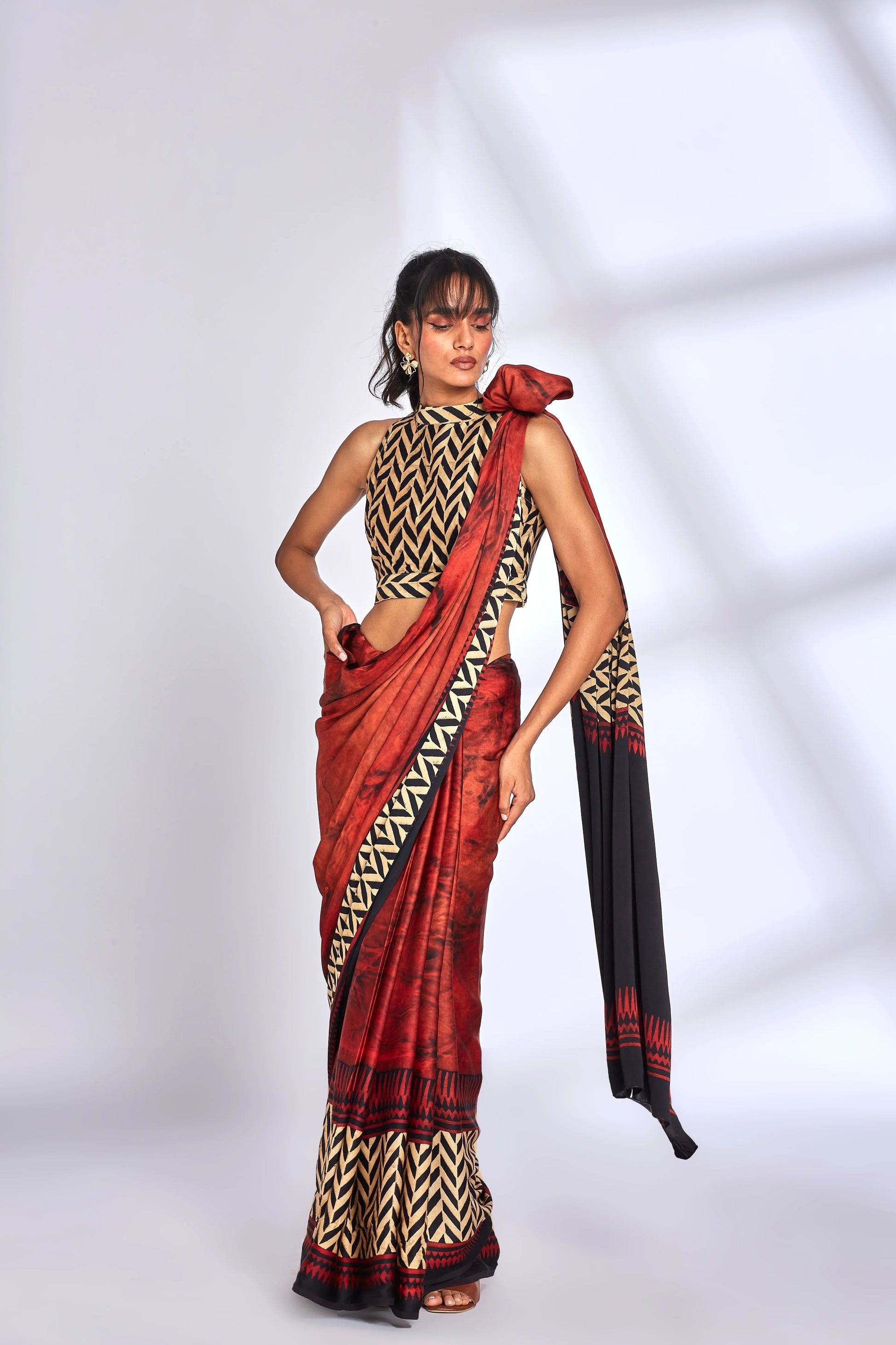 Hand Printed Saree with Multicolor Pallu by Hasttvam with Cocktail Wedding, Cotton, Eden by Hasttvam, Festive Wear, Handmade by Artisans, Natural dyes, Red, Relaxed Fit, Respondible production and Vegan, Stripes at Kamakhyaa for sustainable fashion