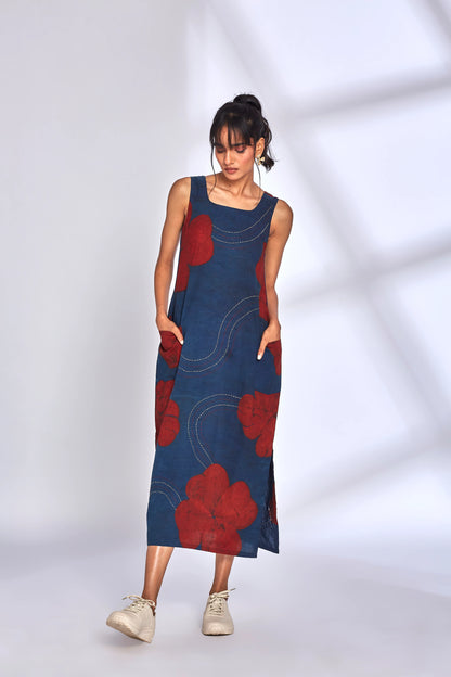 Aura Indigo Dress by Hasttvam with CottonFloralFusionIndigoHandmade by artisans, Natural dyes, Respondible production and Vegan at Kamakhyaa for sustainable fashion