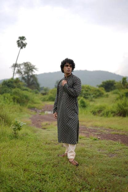 Green Small Butta Mens Kurta by Hasttvam with CottonFloralFestive WearGreenHandmade by artisans, Natural dyes, Respondible production and Vegan at Kamakhyaa for sustainable fashion