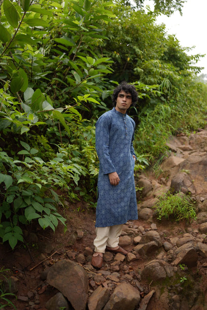 Indigo With White Butta Mens Kurta by Hasttvam with CottonFloralFestive WearIndigoHandmade by artisans, Natural dyes, Respondible production and Vegan at Kamakhyaa for sustainable fashion