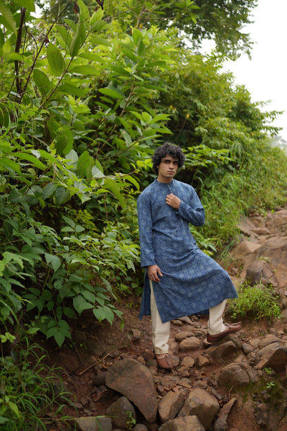 Indigo With White Butta Mens Kurta by Hasttvam with CottonFloralFestive WearIndigoHandmade by artisans, Natural dyes, Respondible production and Vegan at Kamakhyaa for sustainable fashion