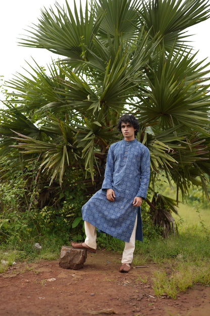 Indigo With White Butta Mens Kurta by Hasttvam with CottonFloralFestive WearIndigoHandmade by artisans, Natural dyes, Respondible production and Vegan at Kamakhyaa for sustainable fashion