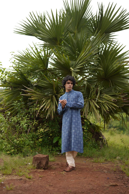 Indigo With White Butta Mens Kurta by Hasttvam with CottonFloralFestive WearIndigoHandmade by artisans, Natural dyes, Respondible production and Vegan at Kamakhyaa for sustainable fashion