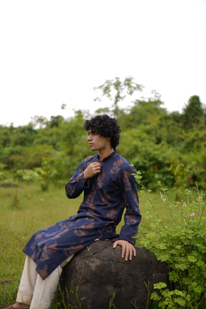 Off-White Ajrakh Indigo Floral Kurta by Hasttvam with Blue, Cotton, Festive Wear, Floral, Natural dyes, Relaxed Fit, Respondible production and Vegan at Kamakhyaa for sustainable fashion