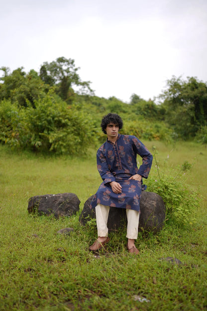 Off-White Ajrakh Indigo Floral Kurta by Hasttvam with Blue, Cotton, Festive Wear, Floral, Natural dyes, Relaxed Fit, Respondible production and Vegan at Kamakhyaa for sustainable fashion